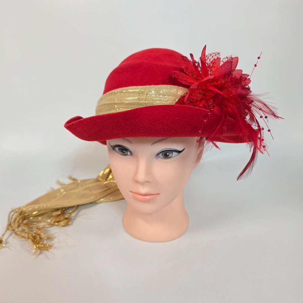 Vintage Effanem 100% Wool Crusher Hat Women's Medium Red Church Derby Hat
